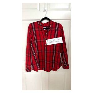 Chico’s Size 3 Red Plaid Long Sleeve Button Detail Top